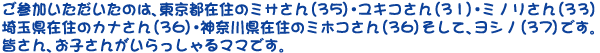 ご参加いただいたのは、ミサさん・ユキコさん・ミノリさん・カナさん・ミホコさん・ヨシノさん。皆さんお子様がいらっしゃるママです。